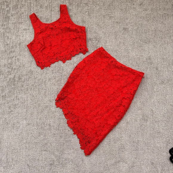 bebe Lace Matching Top & Skirt Set - Red/Orange - Picture 3 of 6